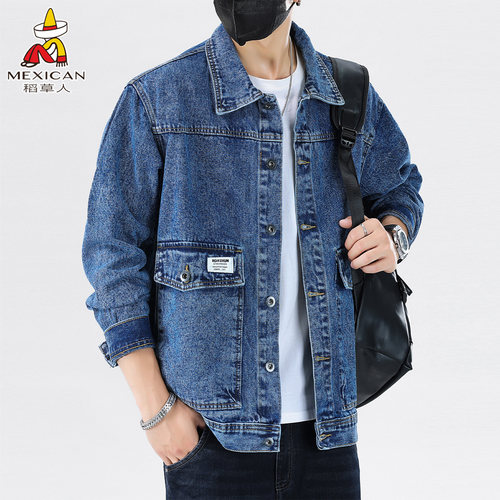 稻草人水洗翻领宽松牛仔外套男