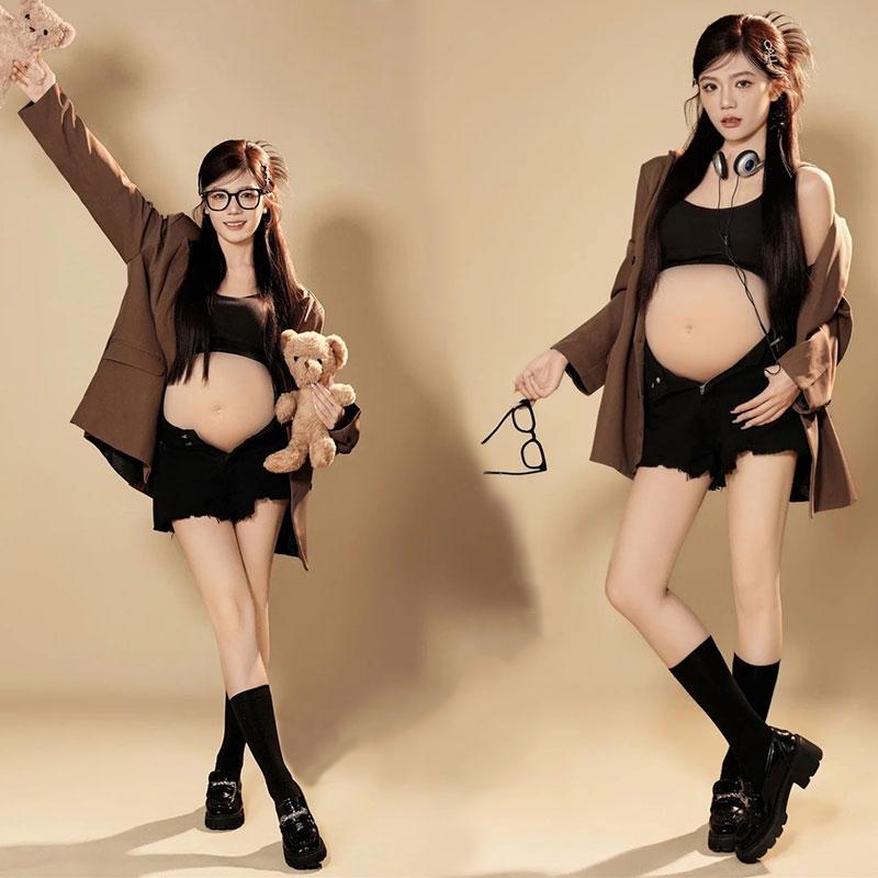 孕妇照服装影楼新款室内咖色高级感甜酷风孕妈咪大肚照衣服在家拍
