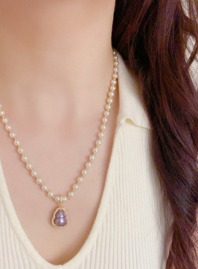 新中式设计感锆石紫色葫芦珍珠项链个性轻奢温柔优雅百搭锁骨链女