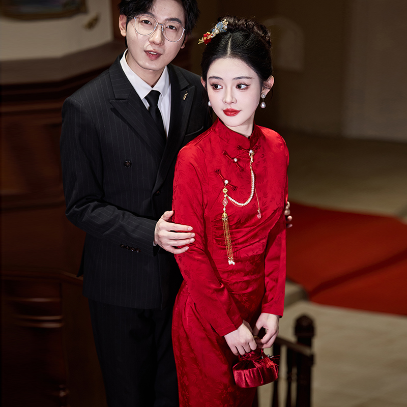 新中式轻国风红色旗袍新娘敬酒服订婚晚宴回门服汉元素中国风礼服