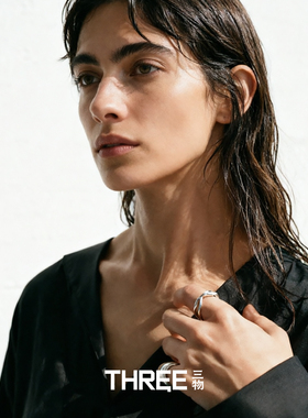 三物THREE~S925银~复古clane风冷淡风做旧交叉线条造型开口银戒指