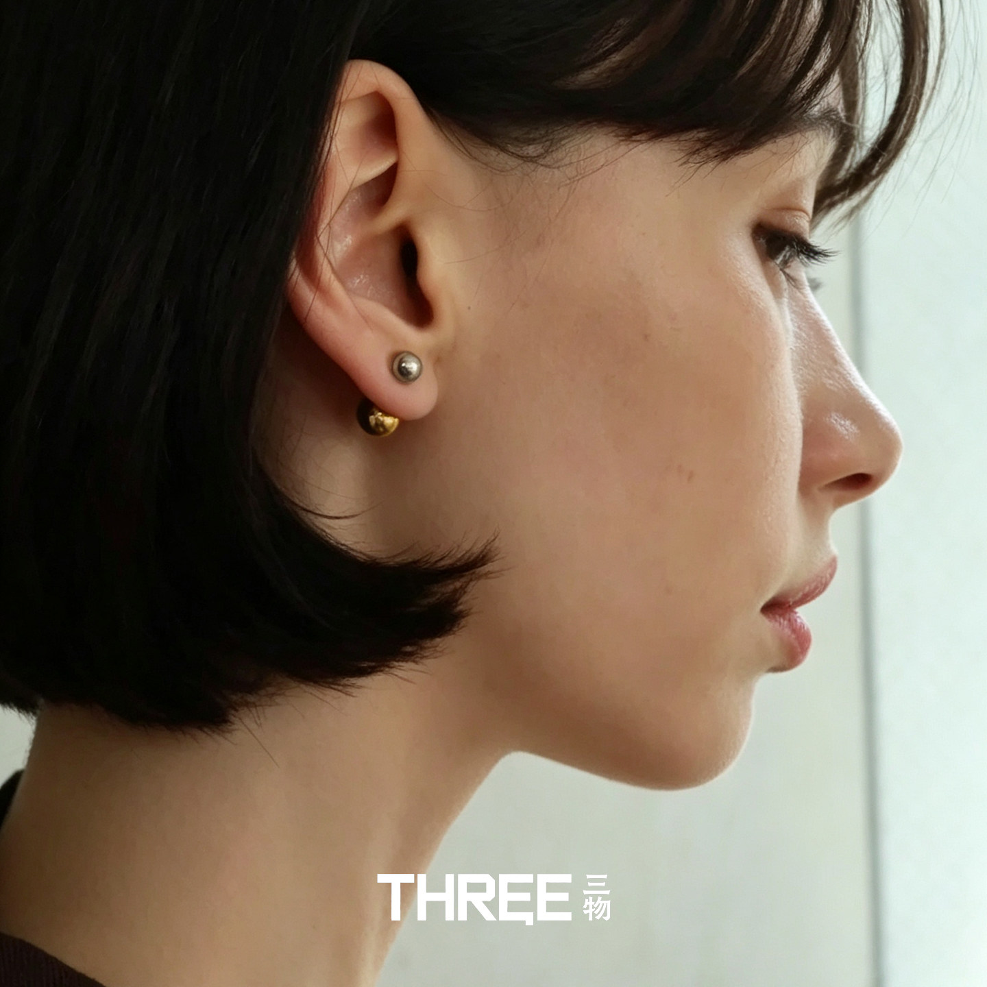 出口日本金银撞色双面耳钉 前后两戴金属光球耳饰 通勤百搭耳环