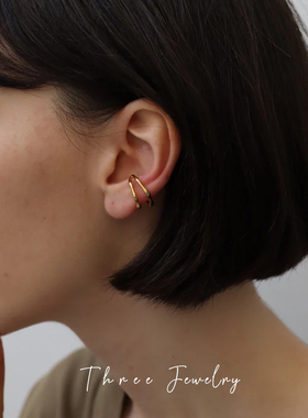 THREE小众设计925纯银尾戒双层线条不对称关节戒指简约风耳骨夹