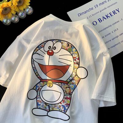 100%纯棉夏季重磅男士哆啦A梦印花短袖t恤宽松百搭半截袖复古潮牌