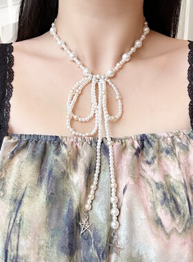 波西米亚风珍珠蝴蝶结choker项链