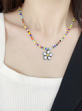 彩色珠子少女减龄笑脸花朵项链