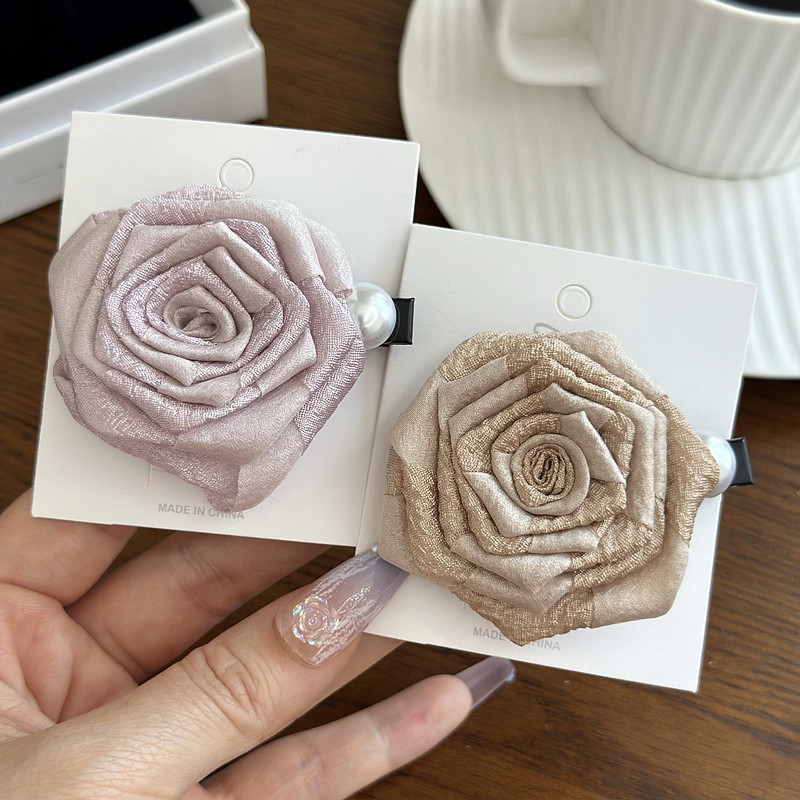 美拉德干枯玫瑰花布艺发夹法式甜美森系立体花朵珍珠侧边夹头饰品