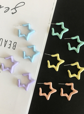 S925银针镂空五角星耳钉紫色绿色简约冷淡风耳环韩版气质百搭耳坠