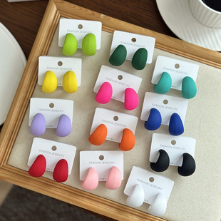 春夏新款 韩版 彩色奶油磨砂哑光加宽C形耳钉港风小众甜美耳环耳圈