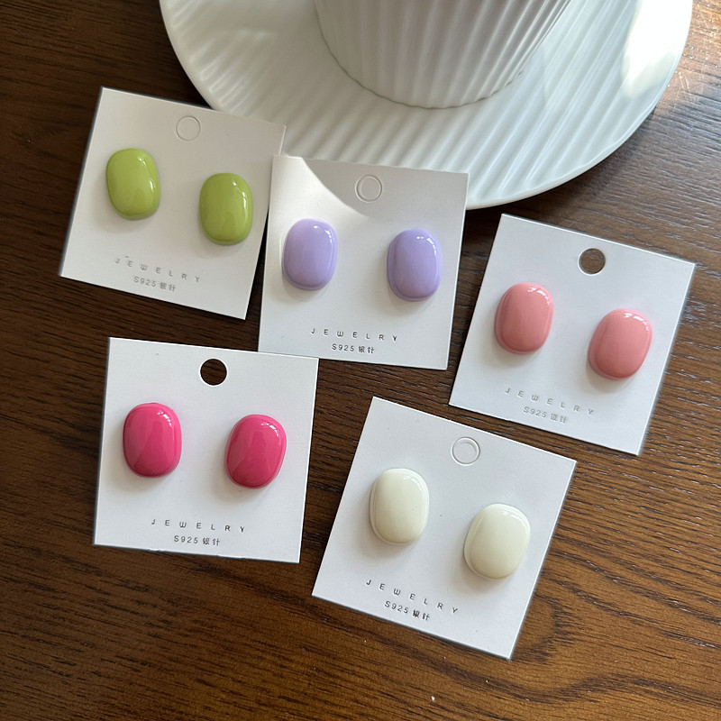 韩版小清新夏季简约糖果色几何椭圆耳钉气质小巧耳环少女感耳饰品