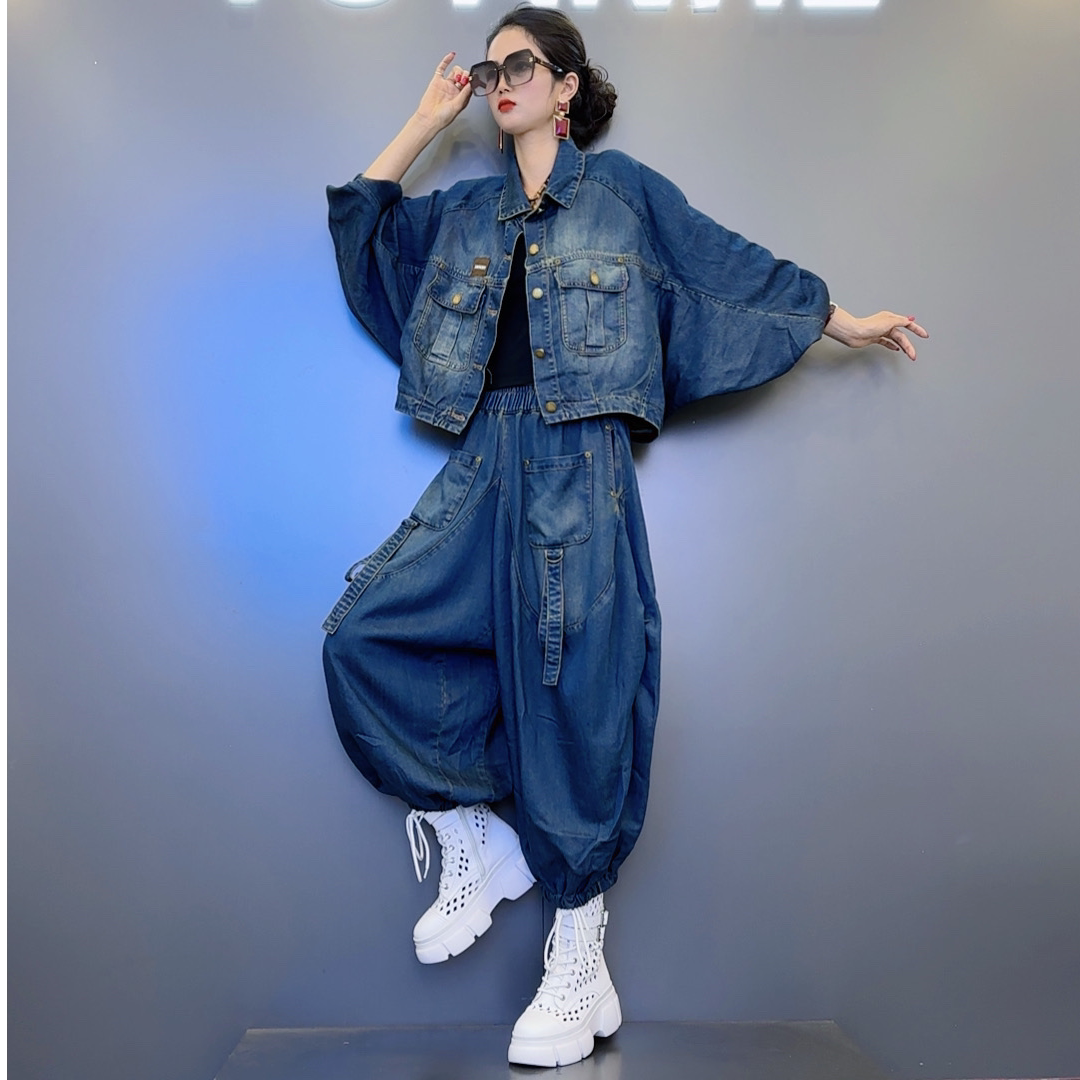 Q2-9春款原创翻领系扣牛仔外套-织带设计束脚灯笼裤