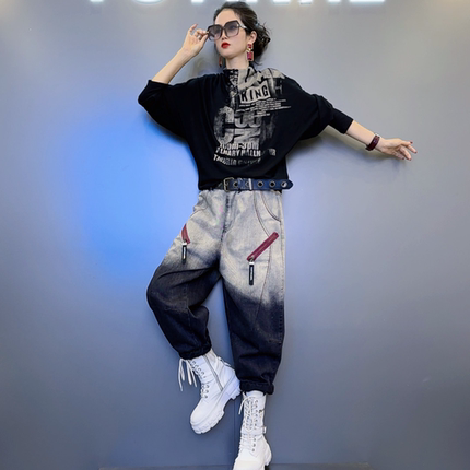 QB1秋季不规则渐变印花【黑 红 咖】色上衣-翅膀刺绣装饰牛仔裤