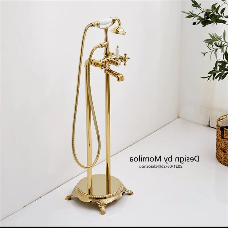 落地式浴缸龙头欧式复古金色立柱盆双控冷热淋浴花洒套装