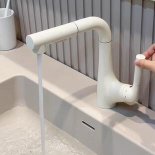 奶油白洗脸盆抽拉式水龙头冷热铜卫生间洗手盆面盆旋转升降水龙头