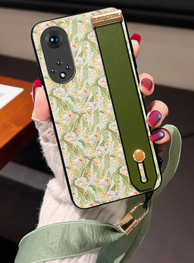 适用华为nova9郁金香花手机皮套8pro荔枝纹复古时尚NOVA7PRO腕带支架支撑Nova6se全包绿色丝巾5Pro挂脖挂绳壳