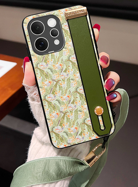 适用s50郁金香花手机皮套S30荔枝纹复古时尚s20pro腕带支架支撑S19全包vivoS18PRO丝巾挂脖挂绳绿色s17皮外壳