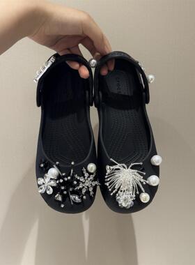 黑色芭蕾鞋洞洞鞋配饰高级重工鞋花配件diy卡扣女适配crocs/cross