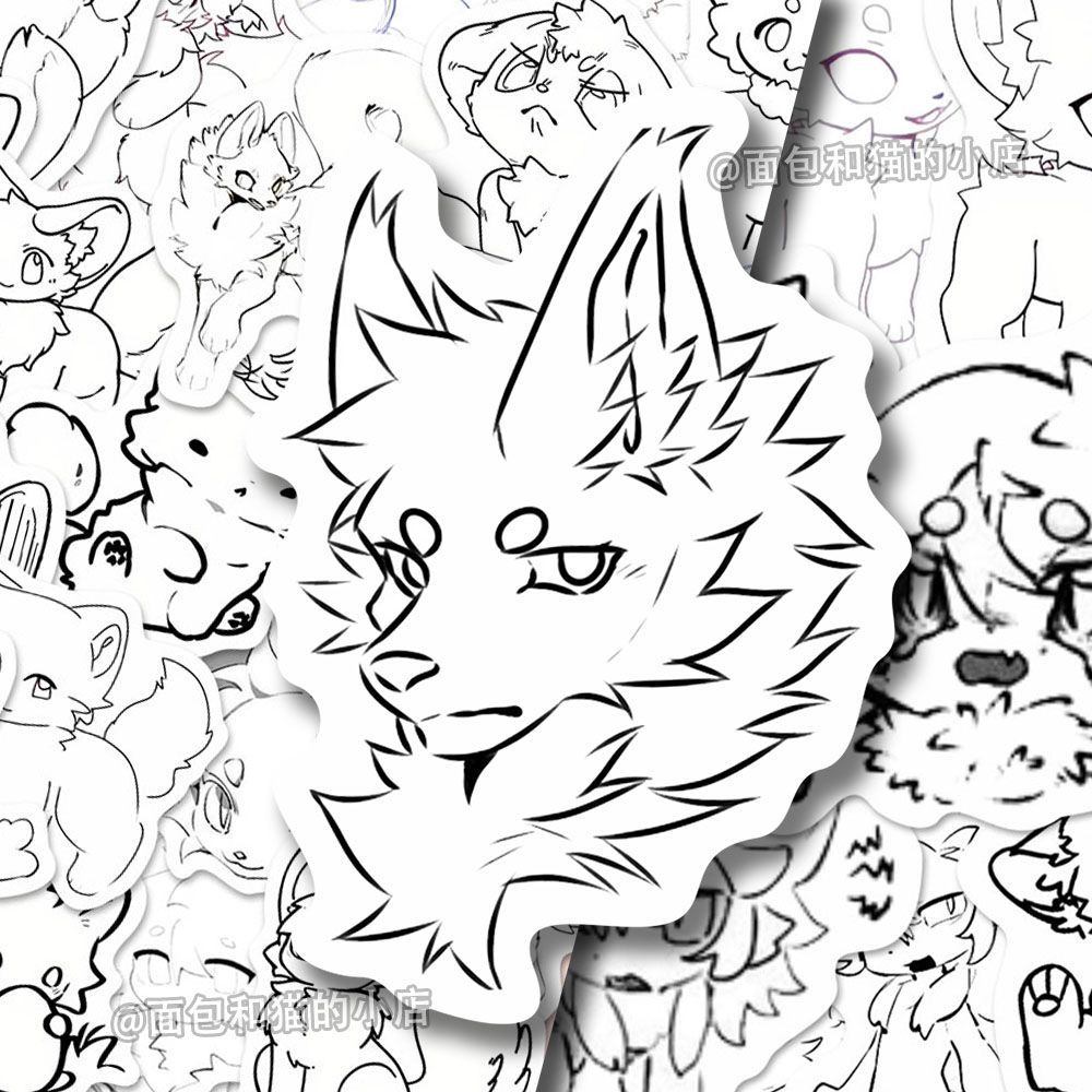 222张furry兽设线稿贴纸可爱线条福瑞Q版装饰手机桌面diy手账贴画