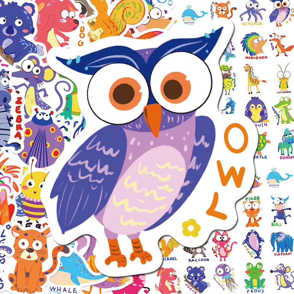 100张英文可爱涂鸦小动物贴纸个性儿童学习启蒙趣味益智贴画装饰