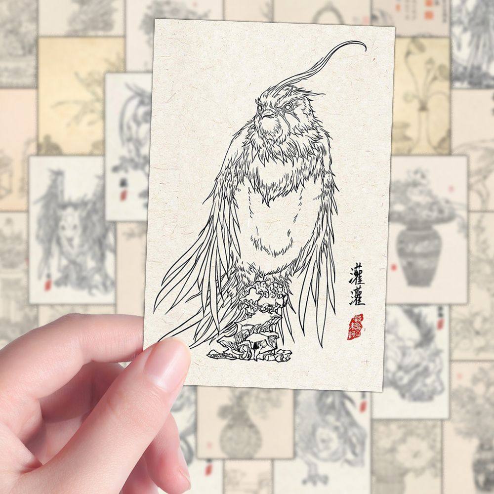 240张中国古画白描临摹线稿贴纸写生花卉线稿创意装饰手机贴画diy