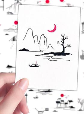 每日一学简笔画山水贴纸线描古风入门素材初学diy贴画手机壳桌面