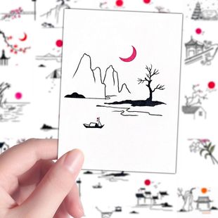 每日一学简笔画山水贴纸线描古风入门素材初学diy贴画手机壳桌面