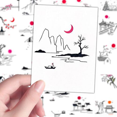 每日一学简笔画山水贴纸线描古风入门素材初学diy贴画手机壳桌面