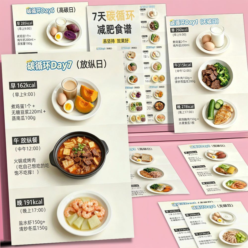 七天碳循环减肥食谱计划表贴纸一周减脂餐不重样健康饮食提升代谢