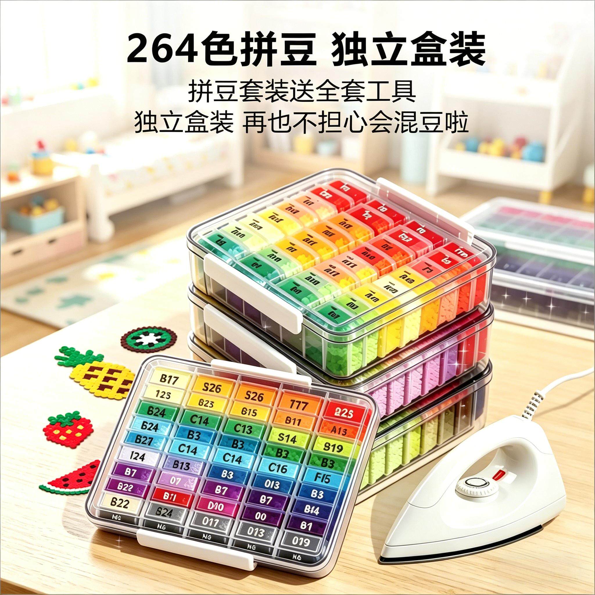 拼豆diy手工材料包套装全色系264色芳草家同款色号盒装立体融合豆