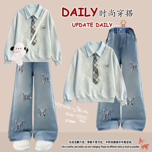春秋五六年级初中女生中大童韩版假两件POLO领卫衣洋气牛仔裤套装