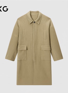 GXG男装 2024冬季 经典豆绿色翻领长款羊毛口袋大衣外套