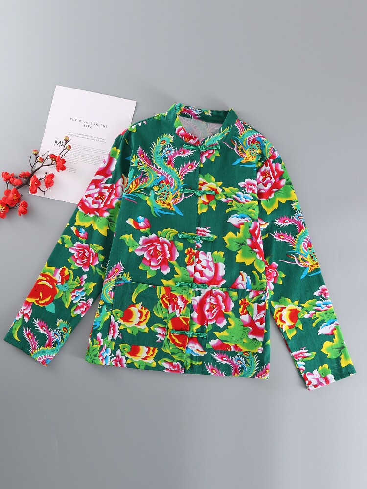 NORTHEAST LARGE FLORAL CLOTH PURE COTTON SPRING AND AUTUMN SUMMER MENS JACKETS LONG-SLEEVED TANG SUIT TOPS FESTIVAL FOLK COSTUME COSTUMES