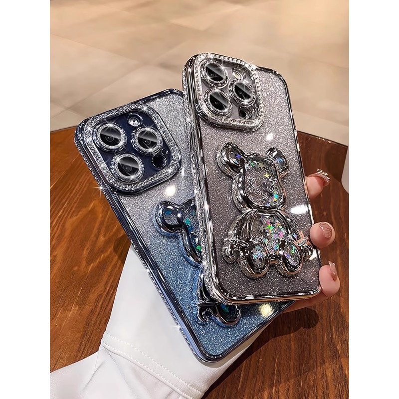 闪钻流沙熊适用苹果15手机壳iphone14promax新款16pro镜头全包12pm高级感小众11por硅胶防摔套plus奢华13女