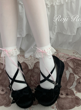 roji花边Lolita袜子女秋蝴蝶结中筒袜女仆洛丽塔蕾丝花边棉袜甜美