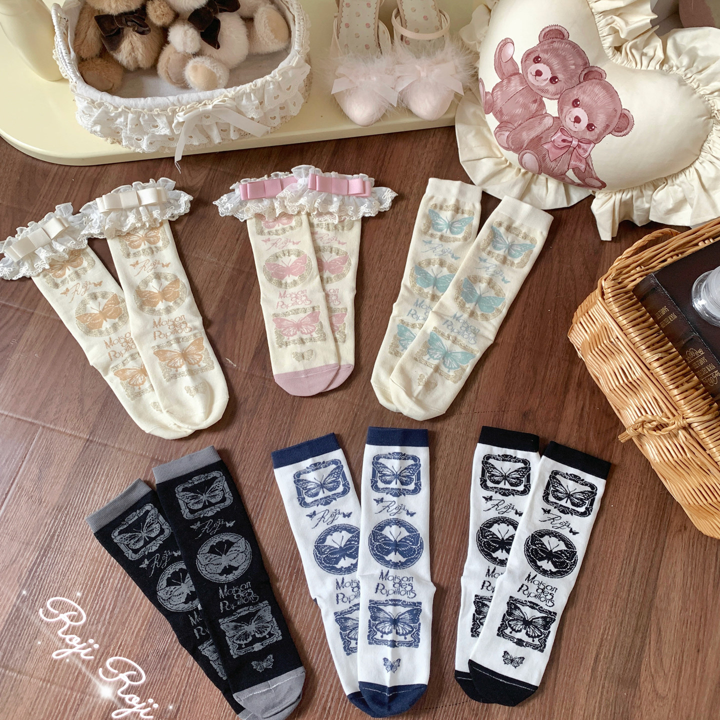 roji蝴蝶画廊Lolita花边袜女夏透气纯棉蝴蝶结瘦腿短袜洛丽塔日系