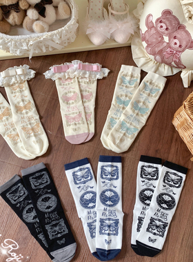 roji蝴蝶画廊Lolita花边袜女夏透气纯棉蝴蝶结瘦腿短袜洛丽塔日系