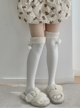 roji羊羔毛Lolita袜子女秋冬毛绒过膝大腿袜纯色毛球厚洛丽塔瘦腿