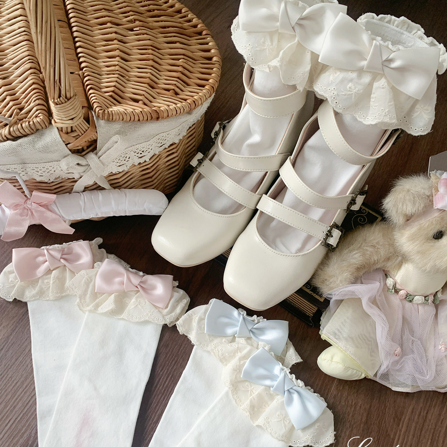 roji生成色Lolita袜子女秋蝴蝶结短袜洛丽塔蕾丝花边棉袜jk百搭款
