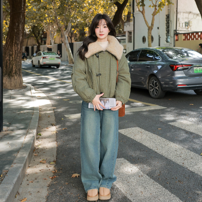 新品牛角扣内胆羽绒人字纹呢外套5005p285控428,女装短外套,2C183