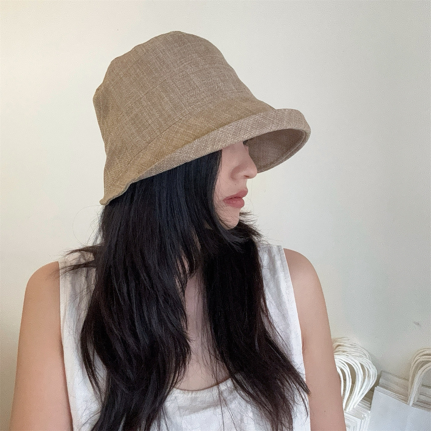 日系简约纯色亚麻透气渔夫帽女休闲防晒显脸小遮阳百搭盆帽太阳帽