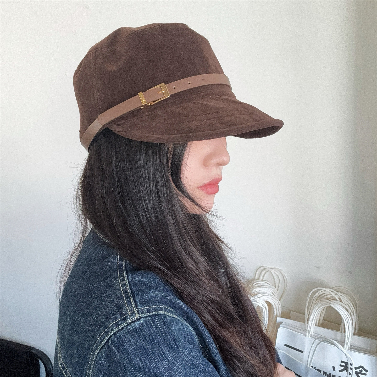 时尚复古麂皮绒皮带马术帽