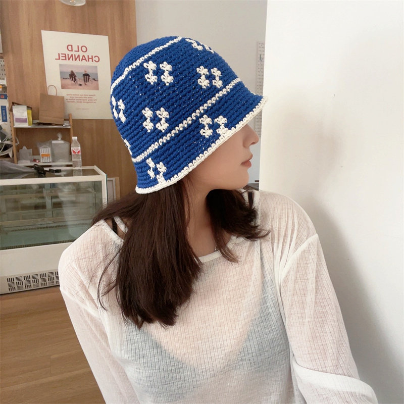 秋季日系手工编织钩针棉线渔夫帽气质百搭蓝色水桶针织水桶型盆帽