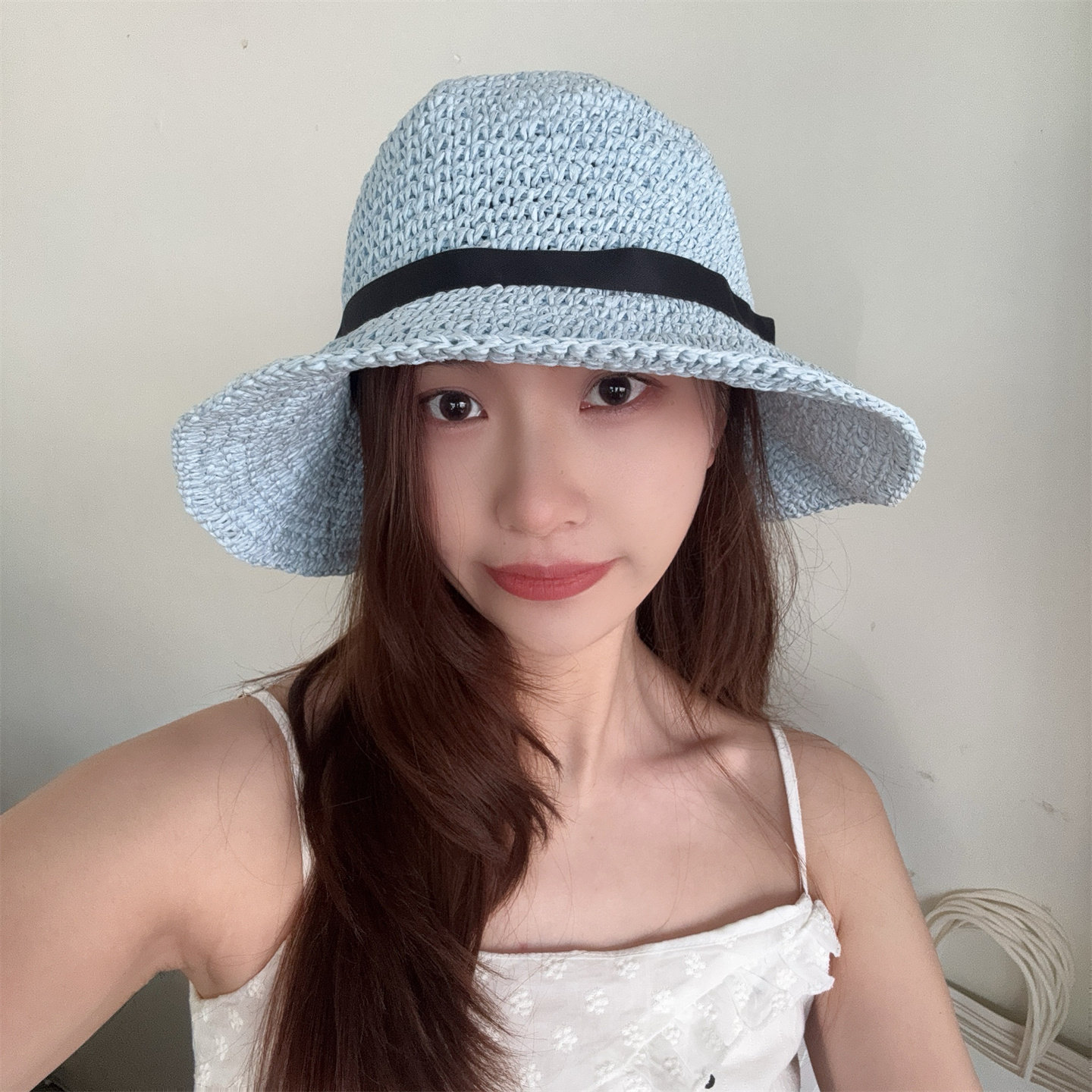 夏季简约纯色草帽女小清新蓝色草编太阳渔夫帽度假遮阳沙滩帽百搭