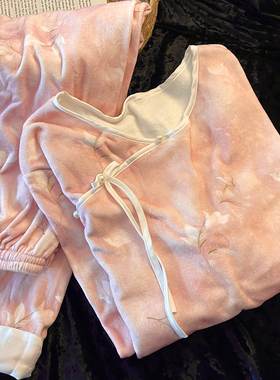 国风设计感花卉德绒睡衣女秋冬2025新款大码长袖长裤套装家居服