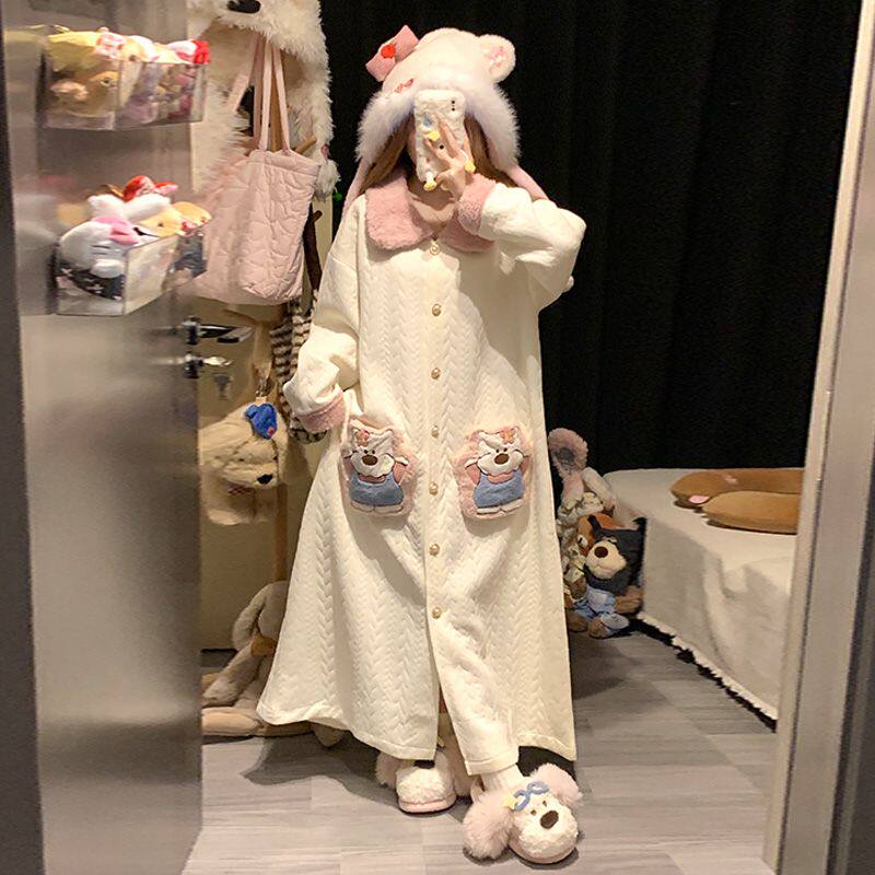 夹层睡袍女春秋季长款睡裙宽松可爱卡通保暖加厚睡衣家居服可外穿