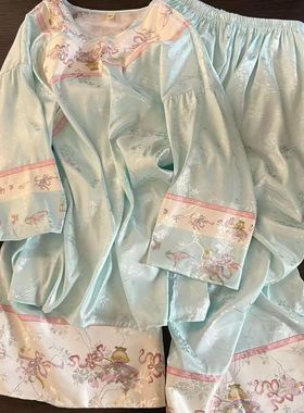 国风新中式复古温柔蓝花卉睡衣女春秋古风长袖长裤套装大码家居服