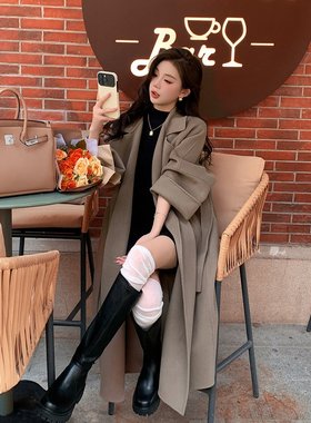 高级感秋冬新款灰色双面羊绒大衣女宽松慵懒风毛呢中长款羊毛外套