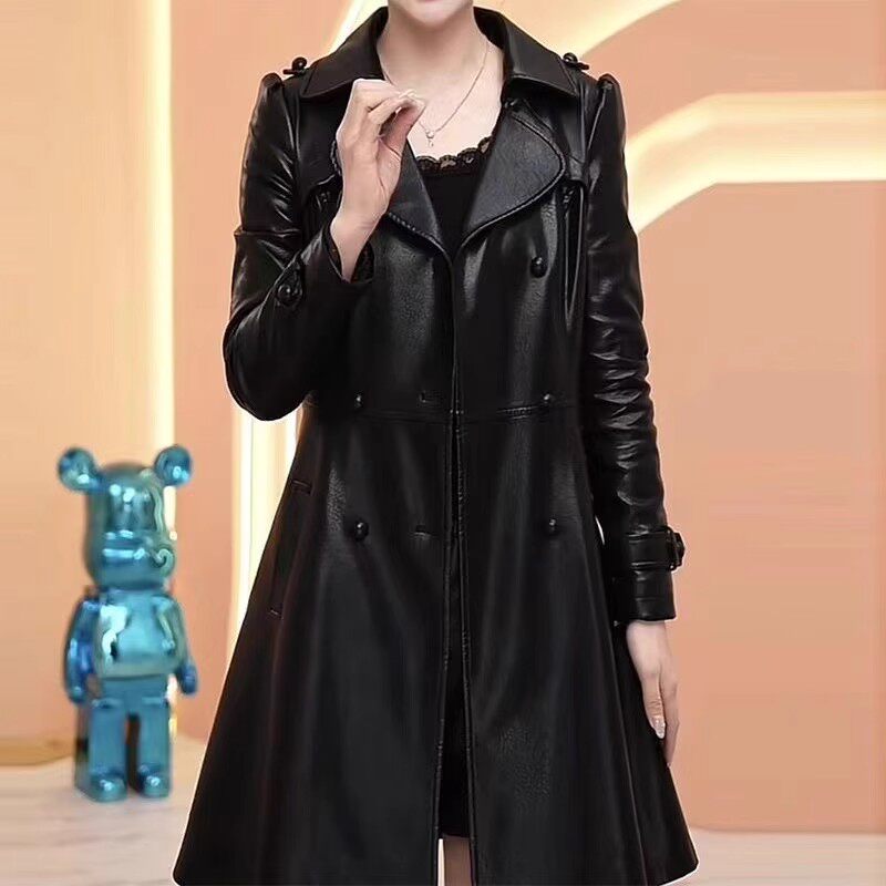 加绒加厚皮衣女外套中长款2025秋冬季新款一体妈妈显瘦水洗皮风衣