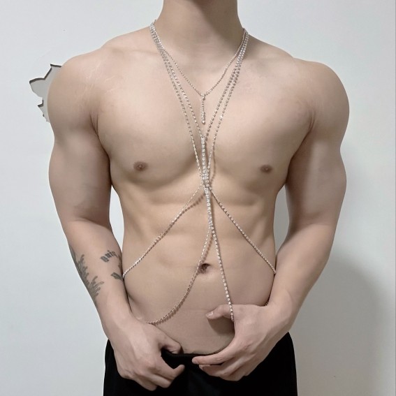 男生身体链体育生1S项链锁骨链健身舞蹈腰链肌肉男0M水钻性感胸链