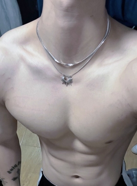 男生太阳吊坠项链体育生1S男0M项圈双层钛钢锁骨链型男银色刀片链
